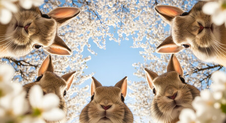 Five curious brown rabbits looking down in a circle surrounded by white cherry blossom flowers under a blue sky for spring and Easter holiday themes