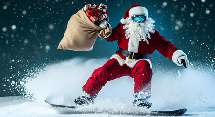 Cool Santa Claus snowboarding fast while carrying a heavy sack of Christmas gifts on a snowy slope, dynamic winter holiday sports concept