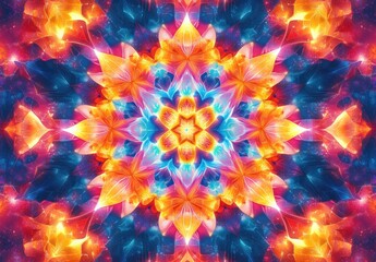 Glowing kaleidoscopic floral mandala with radiant petals and star center, vibrant neon colors and cosmic swirls creating a mesmerizing joyful energetic abstract pattern
