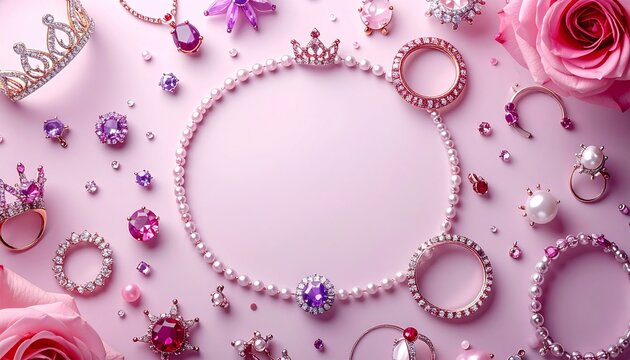 宝石とティアラが並ぶピンクの世界｜ジュエリー・ファッション・背景・教育に使える高解像度イメージ
