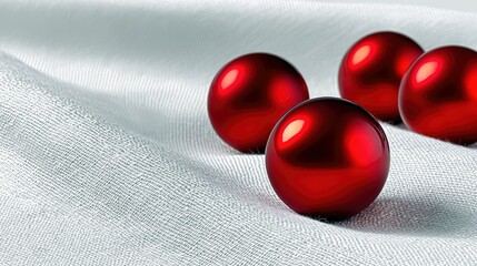 Four shiny red spheres are arranged on a textured white fabric surface. The lighting is soft and diffused, creating gentle highlights and shadows.