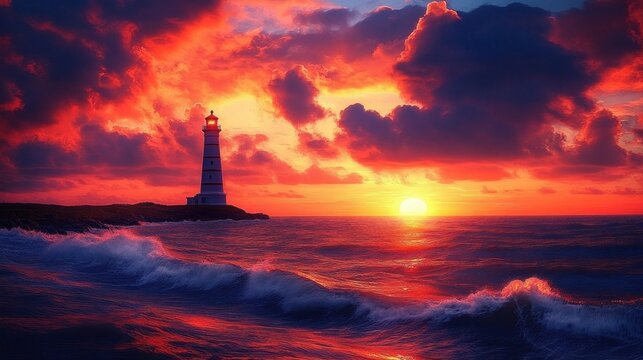 lighthouse on rocky coast at fiery sunset with dramatic clouds, glowing sun, and crashing ocean waves, evoking awe, serenity, and dramatic coastal solitude
