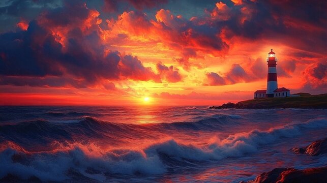 Lighthouse on a rocky coast at a fiery sunset with crashing waves and dramatic glowing clouds, a majestic and awe-inspiring seascape