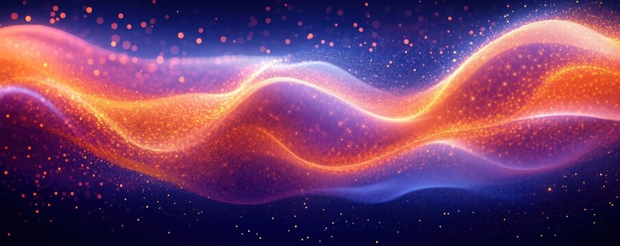 glowing orange and purple particle waves undulating across a dark starry background, evoking a dreamy, energetic, mystical atmosphere