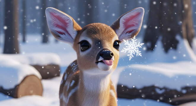 Adorable 3D rendered baby deer sticking tongue out to catch a snowflake in a snowy winter forest, cute animal character for holiday greeting cards and seasonal designs