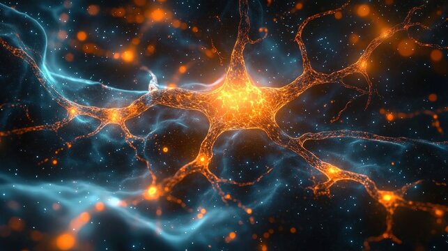 Glowing orange neuron with branching dendrites and synapses amid swirling blue nebula-like mist and sparkling particles, evoking wonder and vibrant electric energy