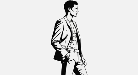 Stylish handsome man in a suit jacket black and white illustration.