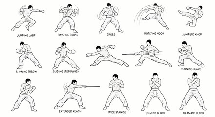 Collection of Martial Arts Poses and Techniques Illustrated.