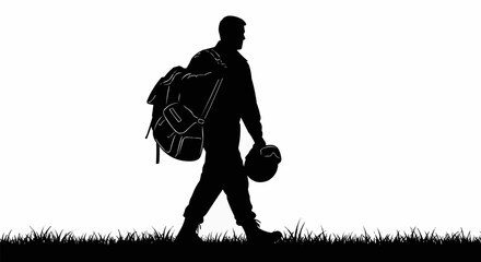 Silhouette of a soldier walking with a backpack and helmet.