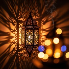 A beautifully illuminated ornate metal lantern casting intricate shadow patterns on a warm wall, with soft bokeh lights in the background.