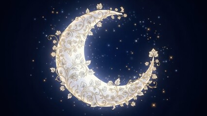 Ornate glowing crescent moon with intricate floral patterns and sparkling particles against a dark night sky.