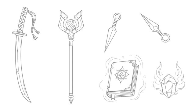 Unleash your creativity with this fantasy game asset set featuring a katana sword, magical staff, throwing knives, spellbook, and crystal power source