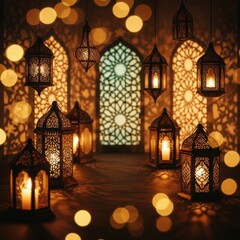 Ornate Moroccan lanterns casting intricate shadows and warm light in a festive setting with bokeh.