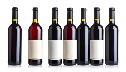 Seven bottles of red wine aligned, white labels, white background