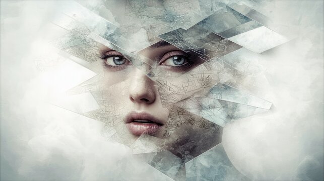 Close-up portrait of a woman's face partially obscured by abstract geometric shapes resembling ice or shattered glass, with a soft, ethereal light.