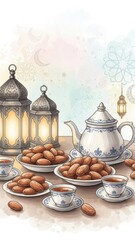 Watercolor illustration of a traditional Iftar or Suhoor setting with dates, tea, and ornate lanterns, evoking a festive Ramadan atmosphere.