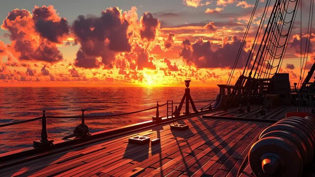 Sunset ocean ship on wooden deck with rope and sail, cannon lined, horizon aglow under dramatic clouds golden light paints calm, vintage seascape