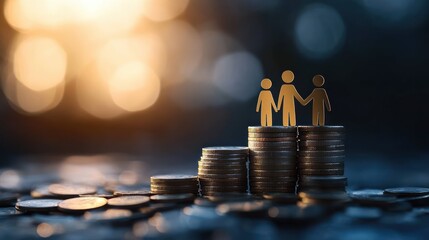 Three stylized paper people holding hands atop ascending stacks of coins with warm bokeh light, conveying unity, support and financial growth