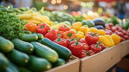 Display of fresh cucumbers, red and yellow bell peppers, leafy lettuce and other colorful produce on wooden crates at a lively outdoor market, bright and inviting