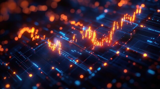 glowing orange financial line chart rising across a blue digital circuit grid, futuristic energetic data visualization conveying upward momentum and optimism