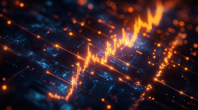 glowing orange rising data graph with sharp peaks over a dark blue circuit board grid, scattered light particles and streaks conveying dynamic futuristic energy and upward momentum - Powered by Adobe