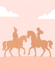 Silhouetted couple riding horses beneath fluffy clouds in an orange hue