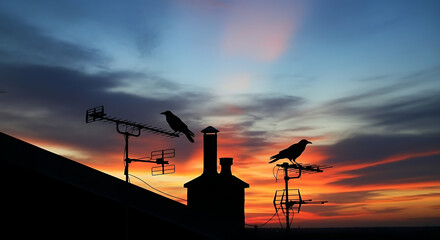 Silhouette of crows on antennas and chimney against a vibrant sunset sky in the evening light