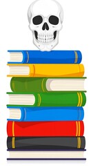 Skull atop a colorful stack of illustrated hardback books