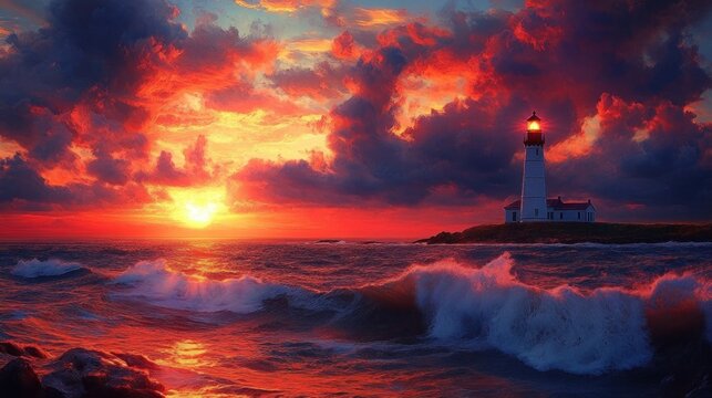Lighthouse on rocky shore watches fiery sunset over turbulent ocean waves and dramatic storm clouds, evoking awe and solitude - Powered by Adobe