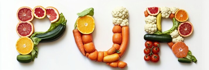 three letters 'p', 'u', 'r' formed from fresh fruits and vegetables including citrus slices, carrots, cauliflower, zucchini, cherry tomatoes, banana and leafy greens — playful vibrant mood
