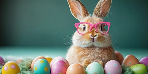 Fluffy brown rabbit wearing pink glasses sitting among pastel decorated eggs in a nest with a whimsical, playful expression against a soft green background