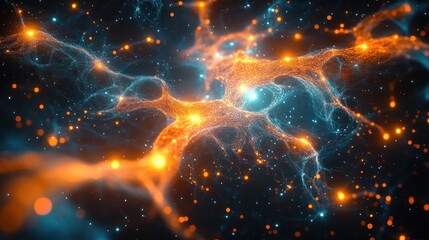 Glowing orange and blue filaments and mesh with bright nodes and floating particles, evoking awe and dynamic energy