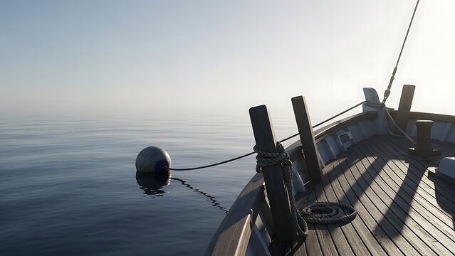 A serene view from the bow of a wooden boat as it drifts on a calm, tranquil sea, with the horizon disappearing into a mysterious morning fog - Powered by Adobe