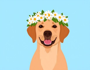 Smiling cartoon dog wearing a daisy flower crown