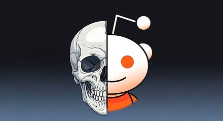 Reddit Logo and Human Skull Split Face Concept Illustration.