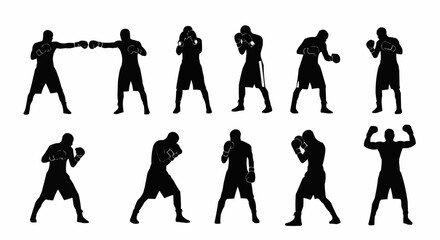 Boxers in action silhouettes showcasing various fighting poses and stances.