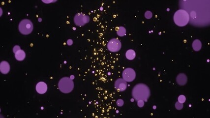Elegant golden particles dance with soft purple bokeh lights in seamless loop