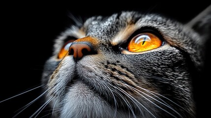 close-up portrait of a grey tabby cat with glowing amber eyes and prominent whiskers, looking upward with a curious and intense expression