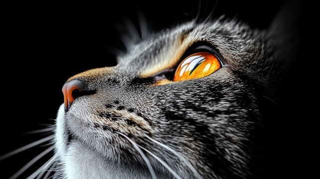 close-up profile of gray tabby cat with glowing amber eye looking upward, curious and alert expression in dramatic low-key lighting - Powered by Adobe