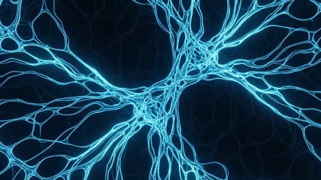 Dynamic digital nexus animation with vibrant blue and cyan water vein flow