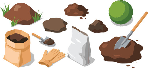 Isometric gardening soil tools illustration, garden equipment set with shovel, gloves, soil bags, dirt mounds, planting elements, landscaping vector design © Miss