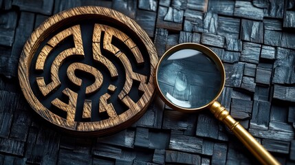 wooden circular maze puzzle and brass magnifying glass on textured dark wood tiles, evoking curiosity and mystery