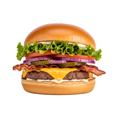 Cheeseburger with bacon cheddar lettuce onion and pickles on white background clipping path
