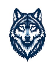Stylized, detailed head portrait of a wolf with piercing eyes