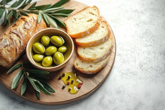 rustic wooden board with sliced crusty bread, whole loaf, bowl of glossy green olives, olive oil with peppercorns and chili flakes and olive branches, inviting mediterranean snack - Powered by Adobe