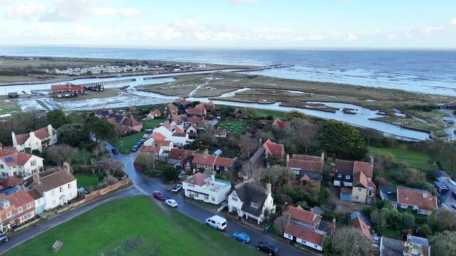 Walberswick Village Suffolk UK drone aerial beach and sand dunes