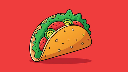 Delicious cartoon taco with fresh toppings on a vibrant red background