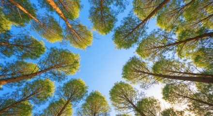 Worms eye view looking up through tall pine tree canopy towards a bright blue sky, creating a natural circular frame of green foliage and brown trunks