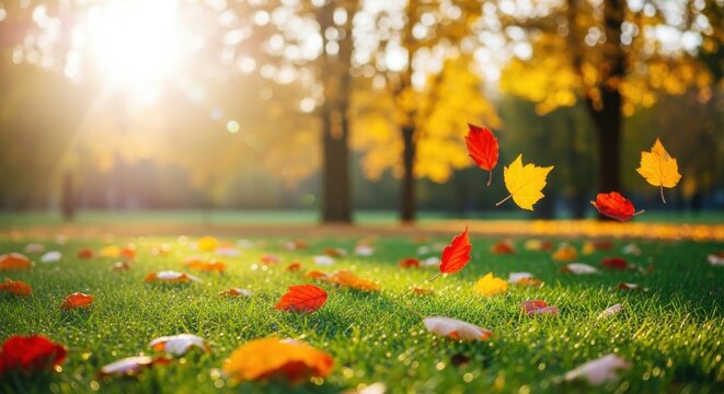 Vibrant autumn leaves falling onto lush green grass in a sunlit park with golden trees blurred in the background during a beautiful fall day