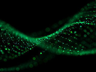 Abstract glowing green digital wave of particles on a dark background